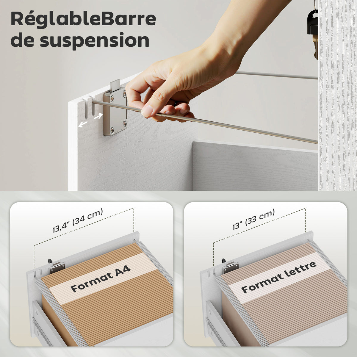 Caisson de Bureau Mobile avec 3 Tiroirs Verrouillables, Caisson de Rangement sur Roulettes, 40 x 40 x 69,5 cm, Blanc-4