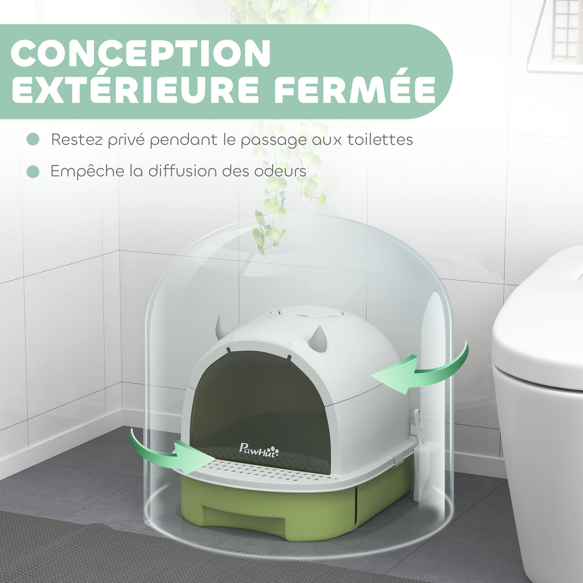 Maison de toilette pour chat bac à litière fermé chat poignée de transport porte translucide 40,5 x 52 x 39 cm vert-3