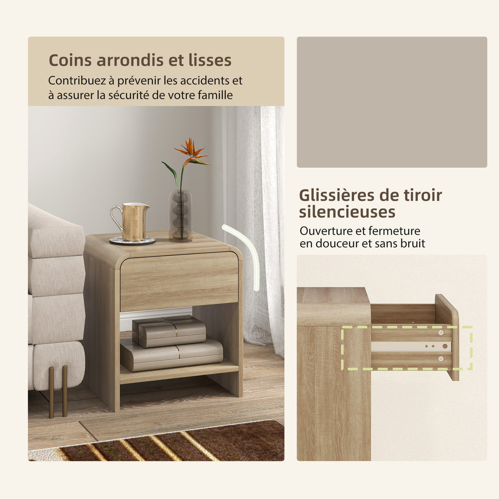 Lot de 2 Tables de Chevet, Compartiment Ouvert, Tiroir à Glissière Silencieuse, Style Scandinave, 40x35x45cm, Naturel-5