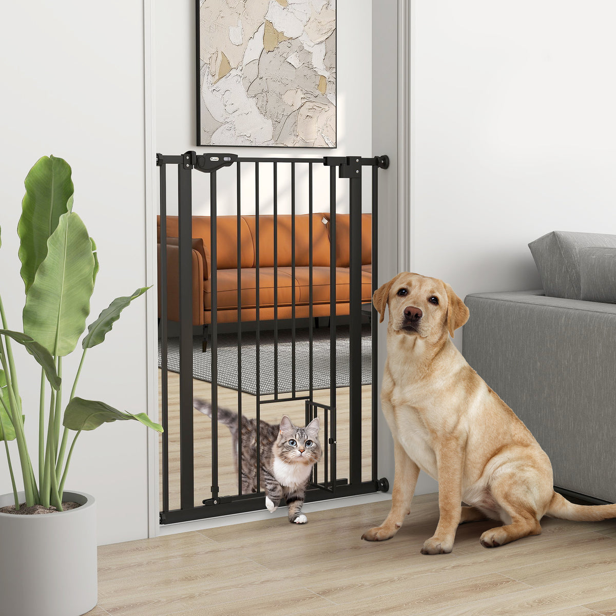 Barrière de sécurité animaux de 104H cm conception haute avec porte chat fermeture automatique système de double verrouillage sans percage de 74 à 80 cm acier noir-1