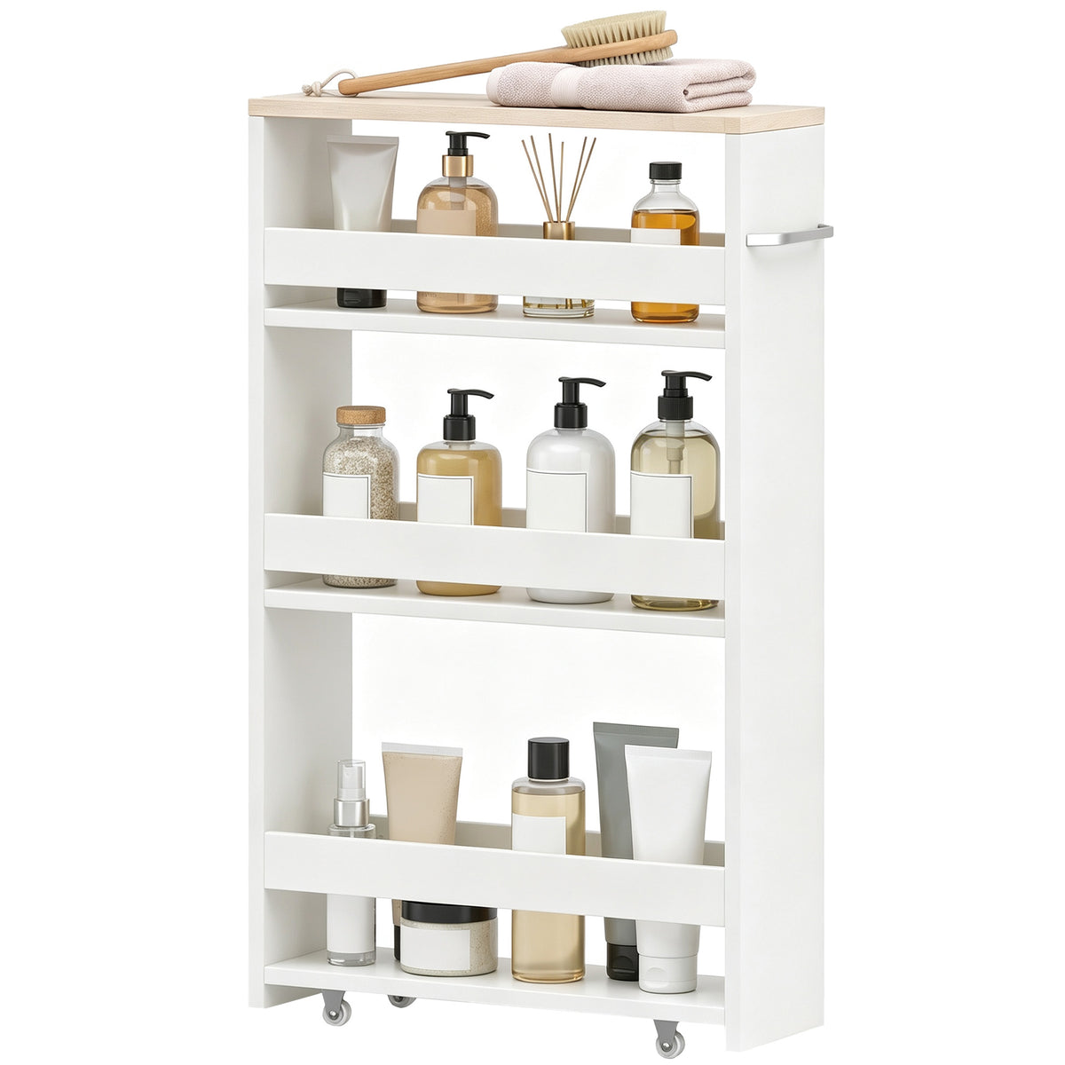 Chariot de rangement à 3 niveaux chariot de stockage étagère sur roulettes pour cuisine étroite salle de bain buanderie bureau avec poignée - 48 x 15 x 80 cm blanc-0