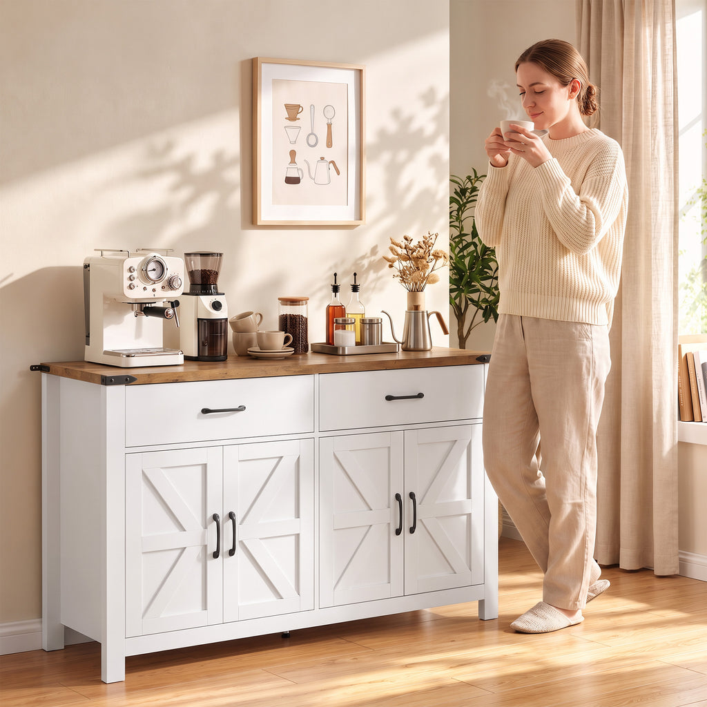 Buffet meuble de rangement style rural 2 tiroirs et 2 placards avec étagères réglables, 120 x 39,3 x 82,5 cm, blanc-4
