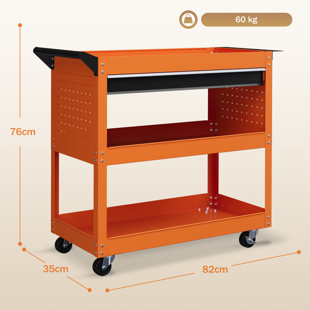 Chariot d'atelier servante atelier à 3 niveaux avec tiroir, porte-outils latéral et poignée, 82x35x76 cm, orange-2
