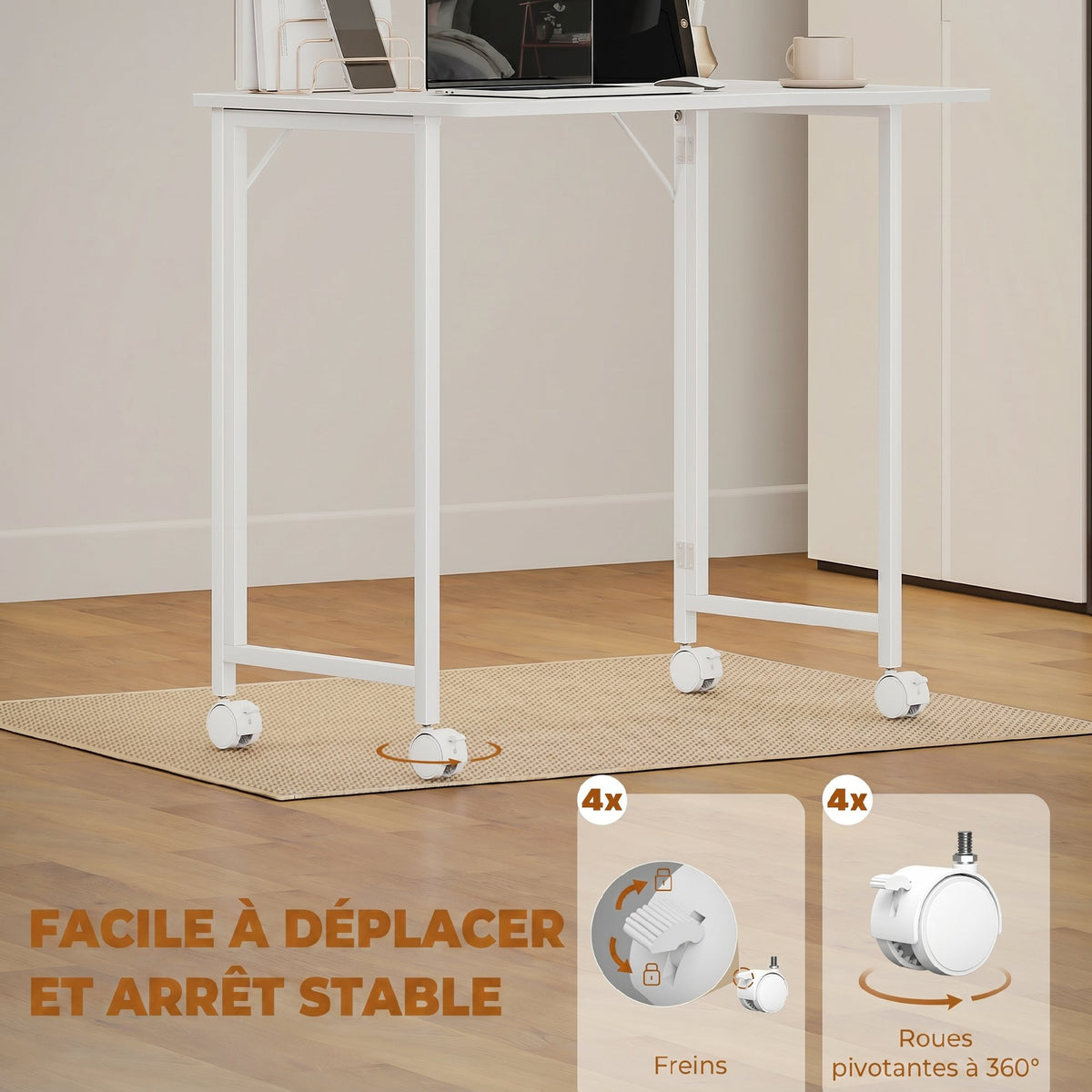 Bureau Pliable 80 x 52 cm, Bureau Ordinateur sur Roulettes avec Fente d'Appareil, Montage Facile, Blanc-4