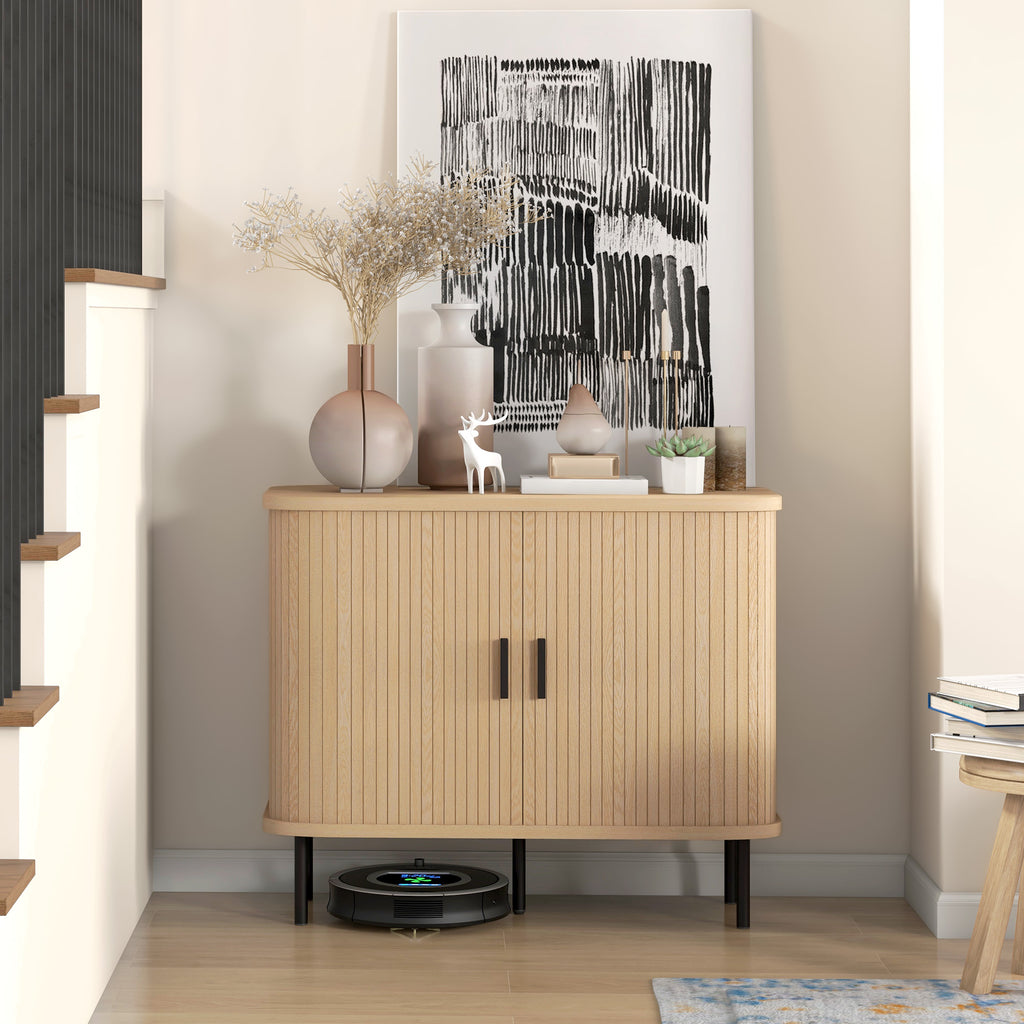 Buffet meuble de rangement avec portes coulissantes à lattes, armoire de cuisine avec pieds en acier, ton chêne-9