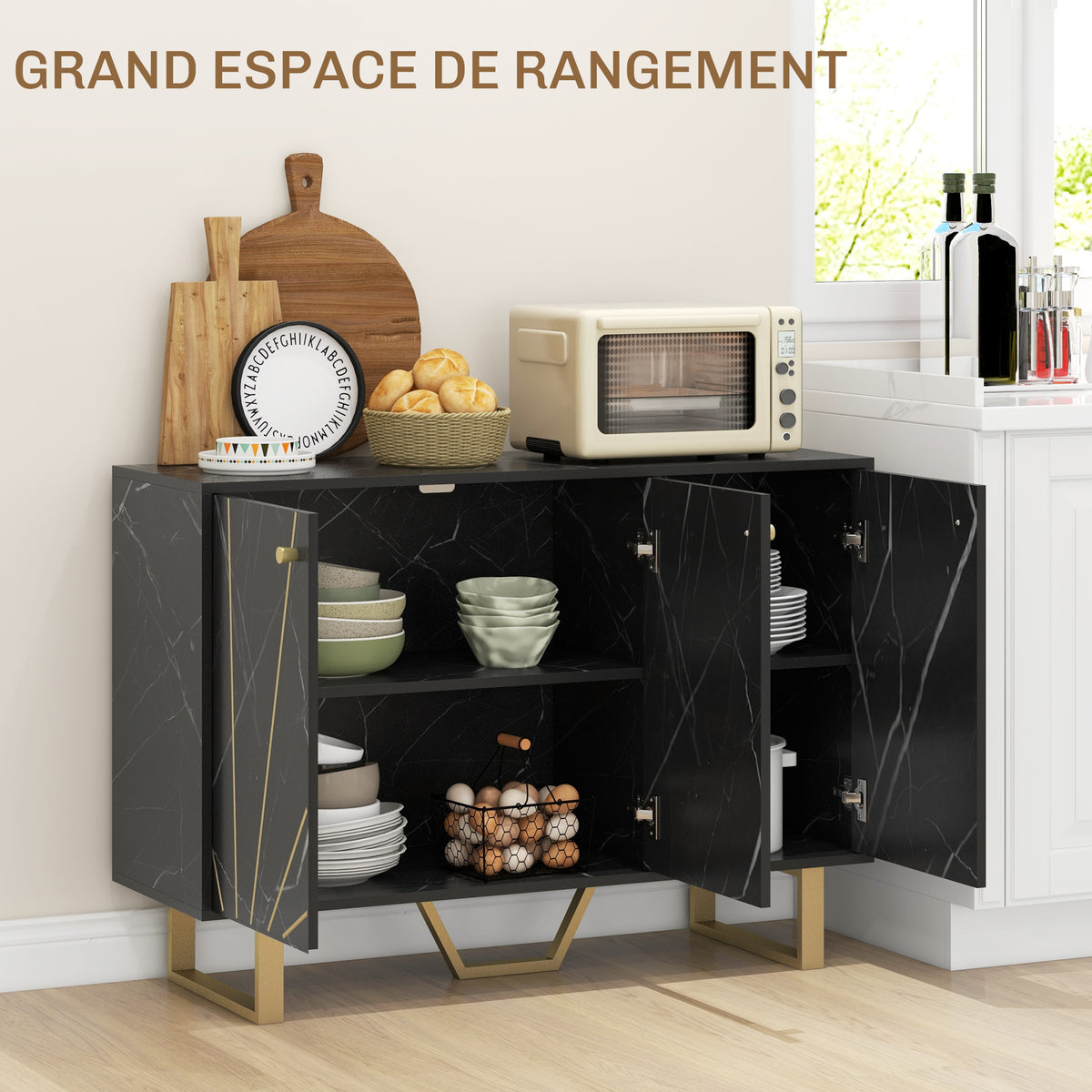 Meuble de rangement buffet salon avec 2 placards 3 portes et étagère réglable, pieds en métal, aspect marbre noir-3