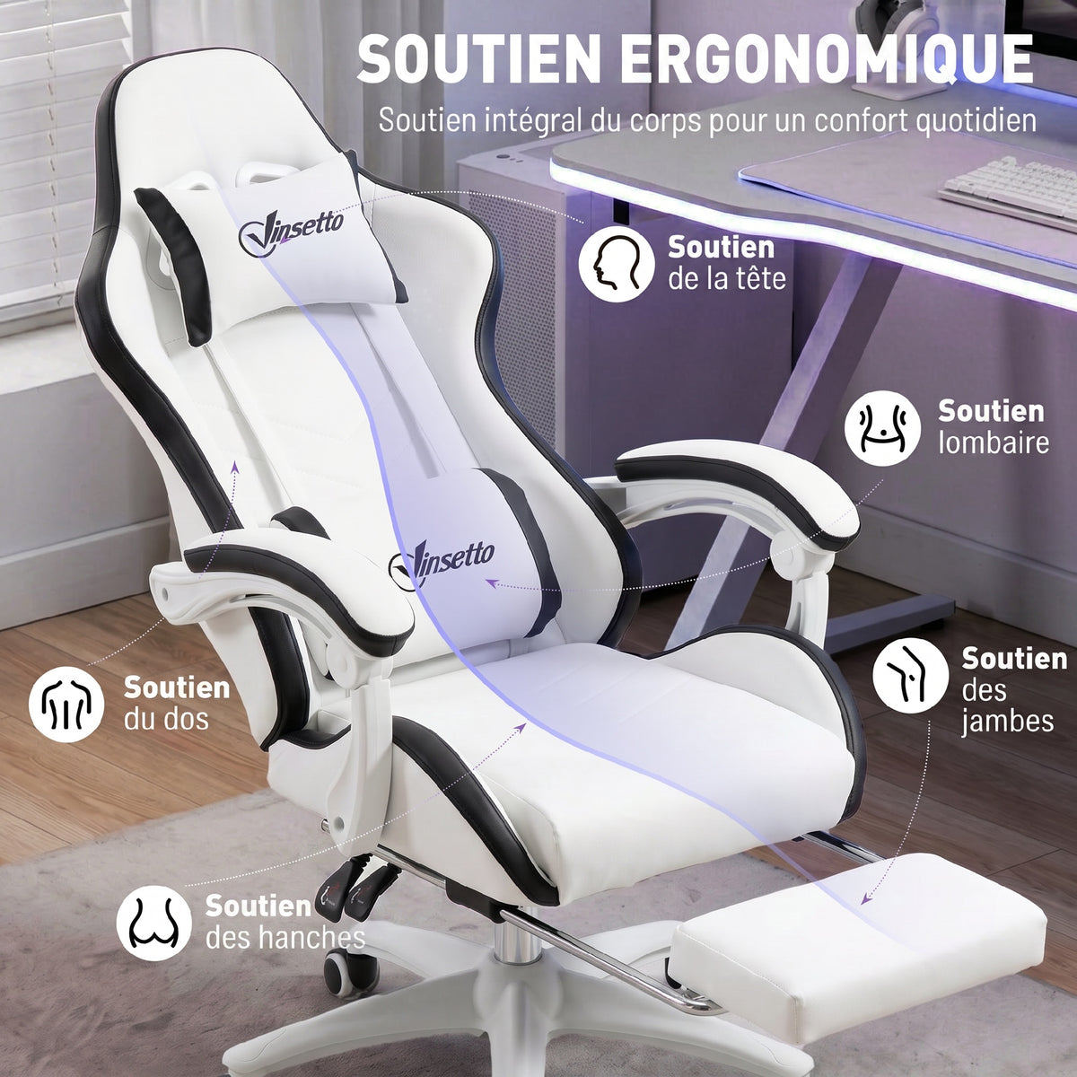 Siège gaming fauteuil gaming dossier inclinable 135° avec appui-tête repose-pieds 65l x 65P x 121-129H cm blanc et noir-3