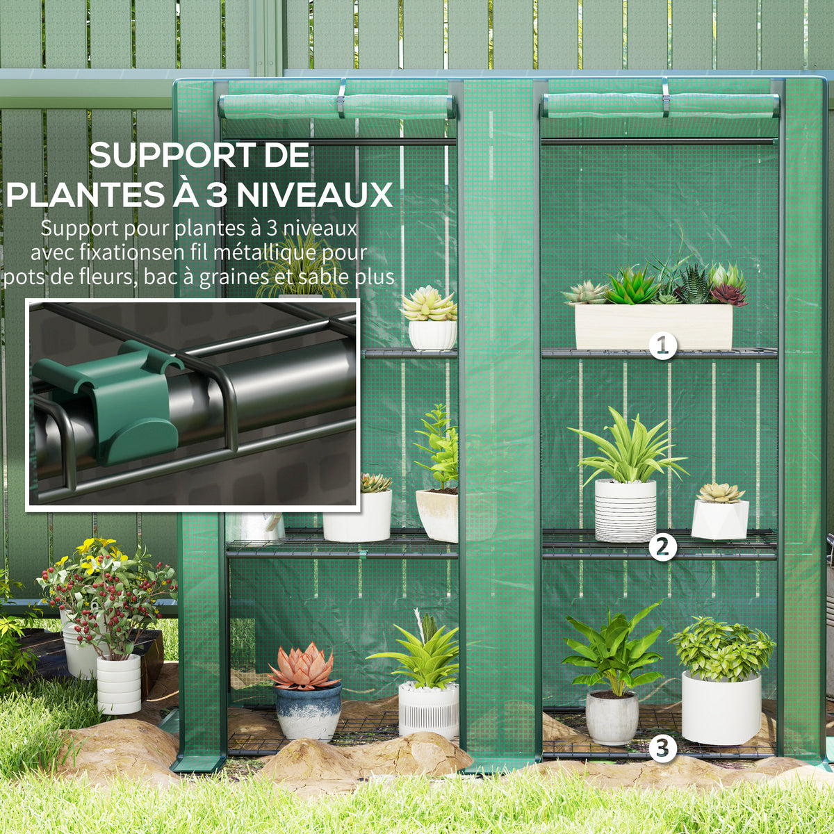 Serre de jardin avec étagères métalliques à 3 niveaux serre de balcon couverture PE toit incliné 144 x 48 x 152 cm vert-4