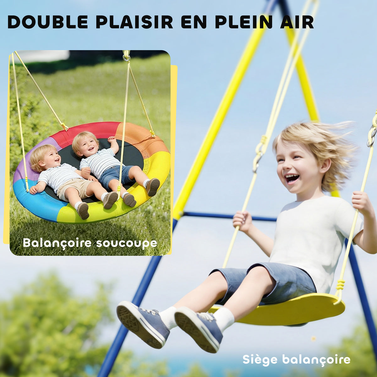 Balançoire portique pour enfant avec double  balancelles, cordes réglables, cadre en acier, pour 3-8 ans, multicolore-3