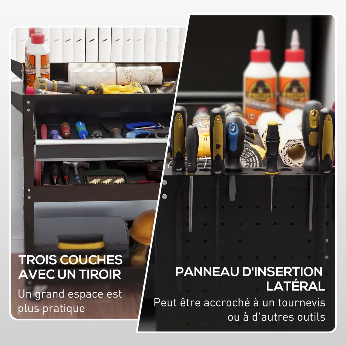 Chariot d'atelier servante atelier à 3 niveaux avec tiroir, porte-outils latéral et poignée, 82x35x76 cm, noir-4