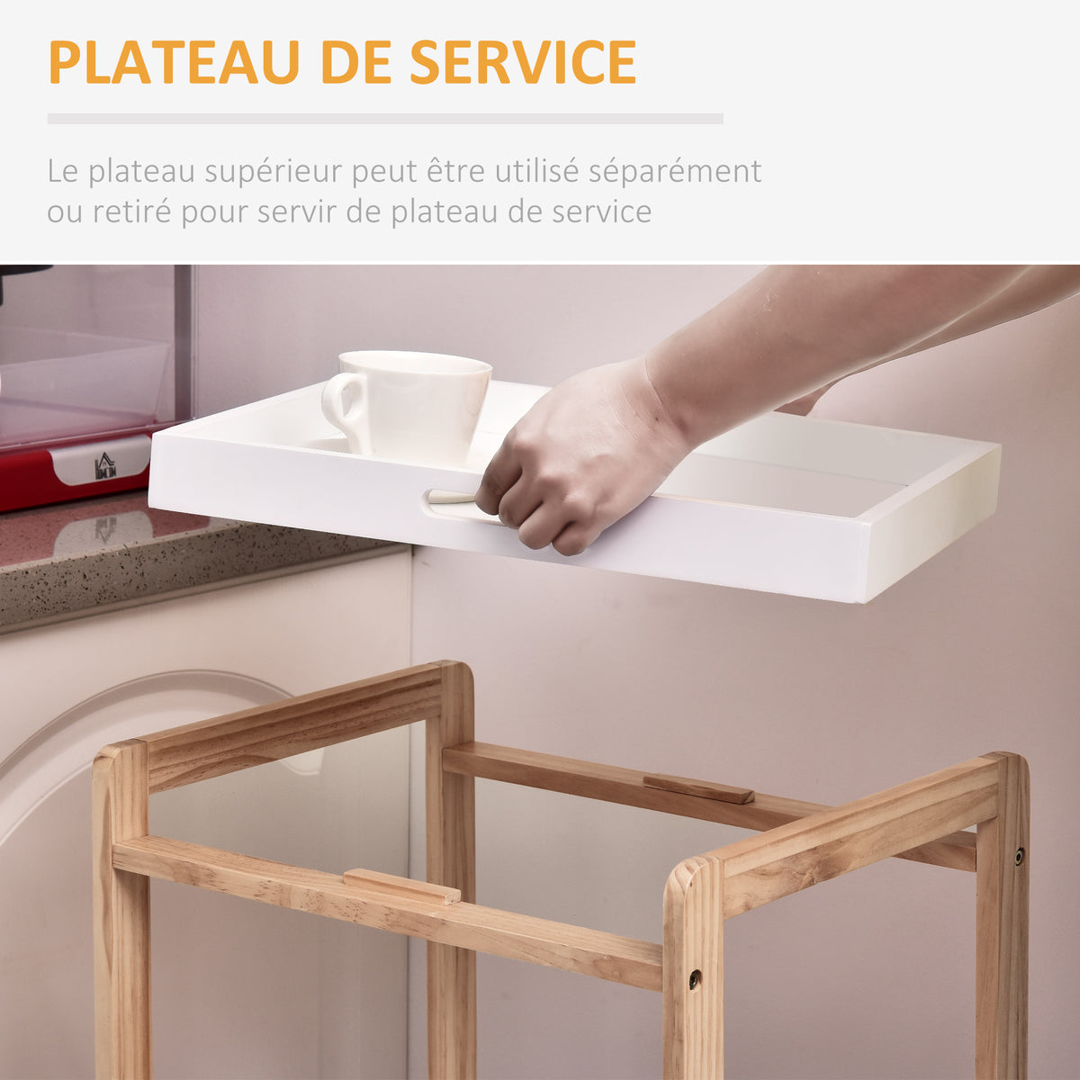 Chariot de service desserte de cuisine à roulettes 2 étagères + plateau amovible bois de pin MDF blanc-4