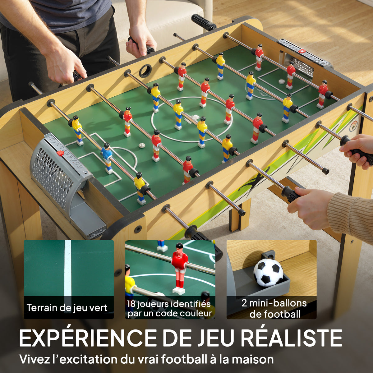 Baby-Foot Enfant 18 Joueurs 2 Balles, Barres 360°, Poignées Antidérapantes, Compteurs de Score, 75x66x75cm, Bois Naturel-3