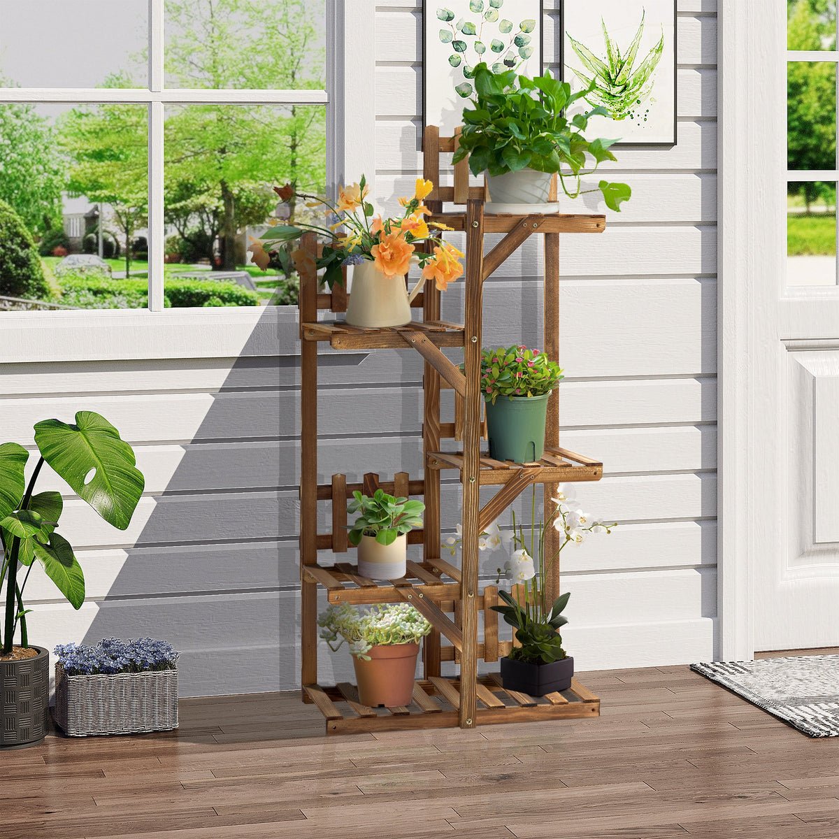 Étagère à Fleurs en Bois de Sapin Supports de Pots Porte Plante 5 tablettes Ornement Petites barrières 60 x-1