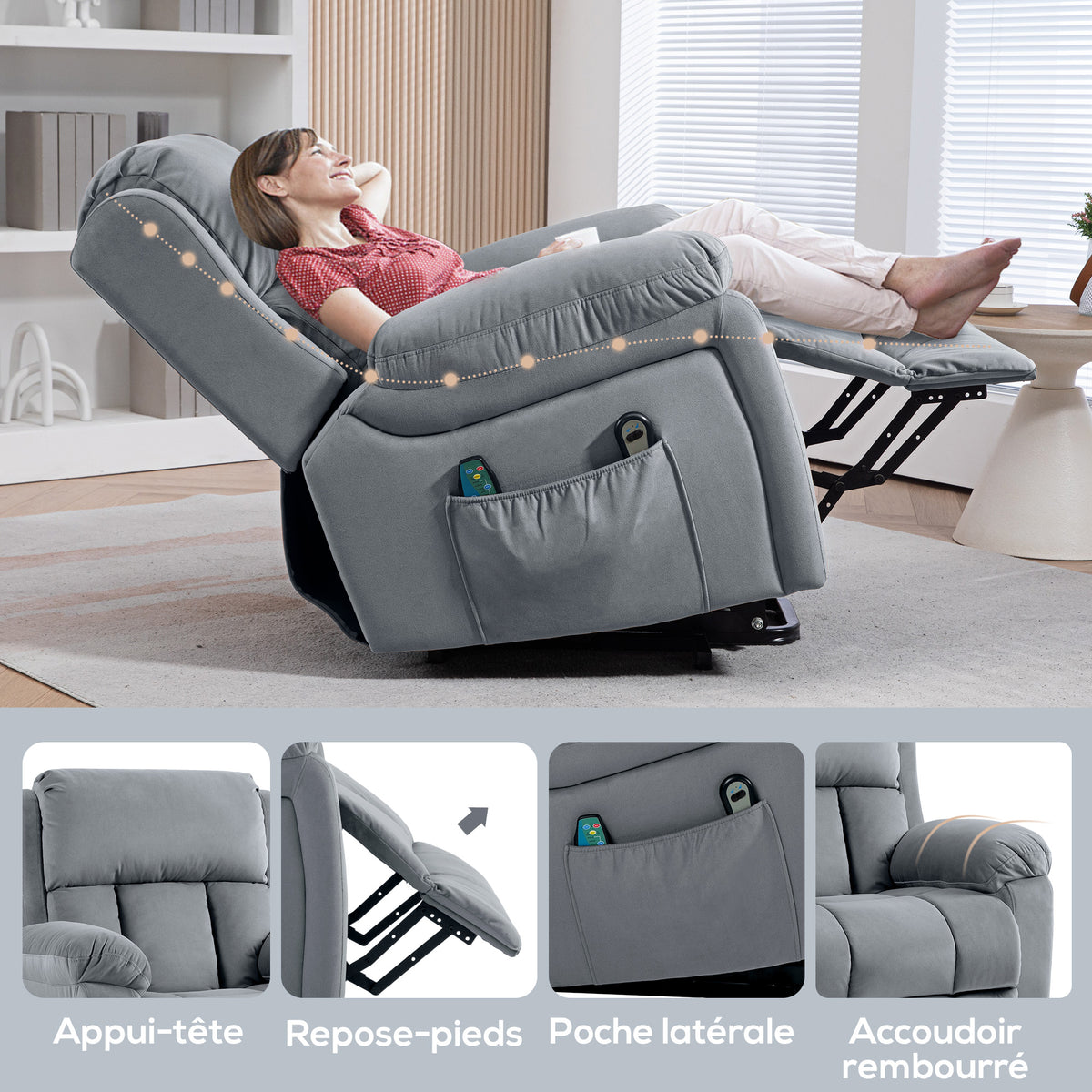 Fauteuil releveur électrique avec fonction massage et chaleur inclinaison réglable revêtement synthétique tissu gris-8