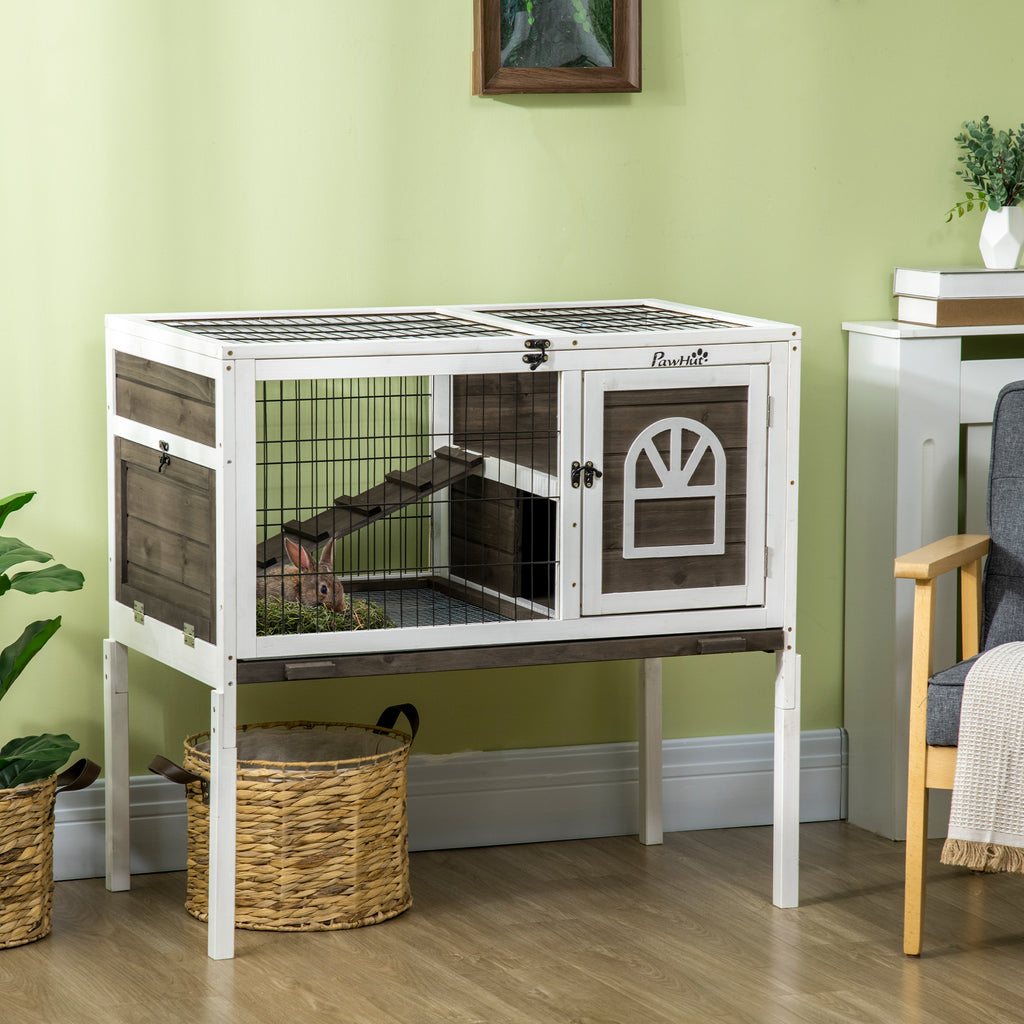 Clapier à lapins cage lapin intérieur, avec bac amovible, 2 portes verrouillables, échelle, 90 x 53 x 87 cm, café-1