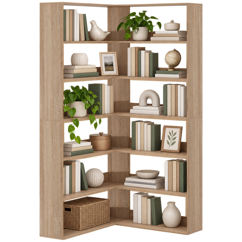 Bibliothèque d'Angle 7 Niveaux, Étagère de Rangement en Forme L avec Rebords Arrière Anti-Chute, Effet Bois Naturel-9