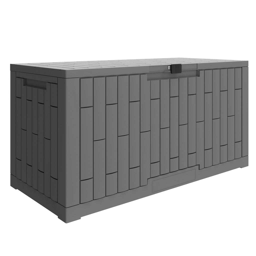 Coffre de Rangement Extérieur 379 L Verrouillable avec Vérin à Gaz, Aspect Bois, 122,5x56x62cm, Gris-0