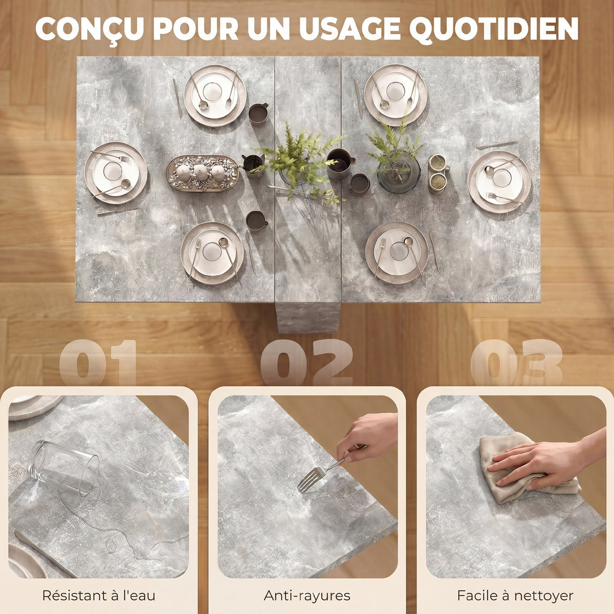 Table pliante de cuisine salle à manger amovible sur roulettes 75L x 140l x 74H cm 2 étagères intégrées en bois-6