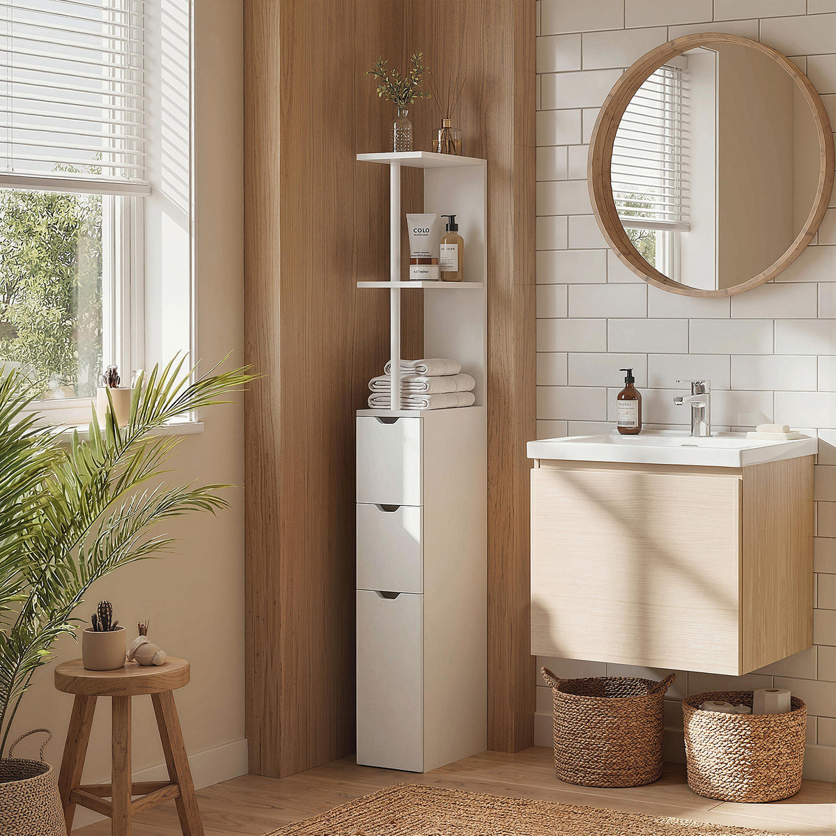 Meuble colonne salle de bain armoire de salle de bain avec tiroirs étagères ouvertes placard 15 x 33 x 136,8 cm blanc-1