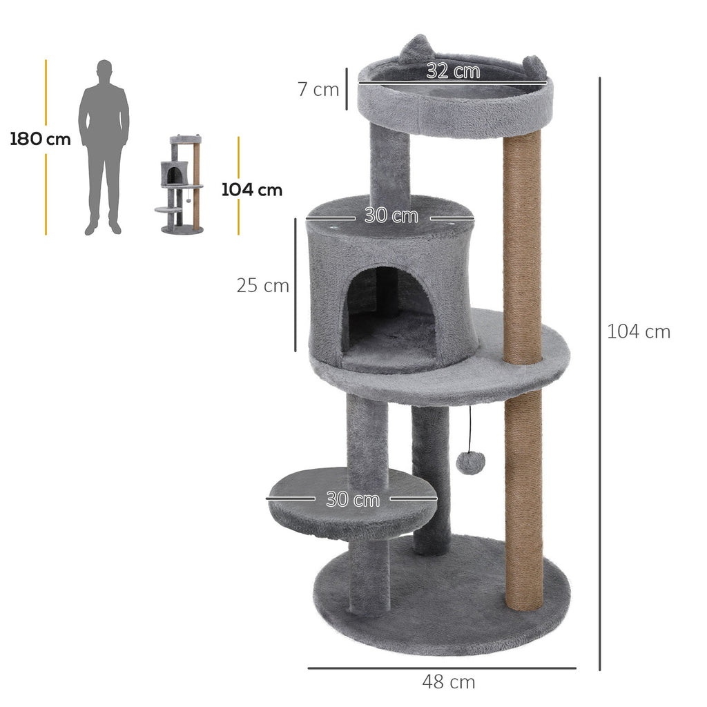 Arbre à chats multi-équipements griffoirs grattoirs plateformes niche jeu boule suspendue Ø 48 x 104H cm gris-2
