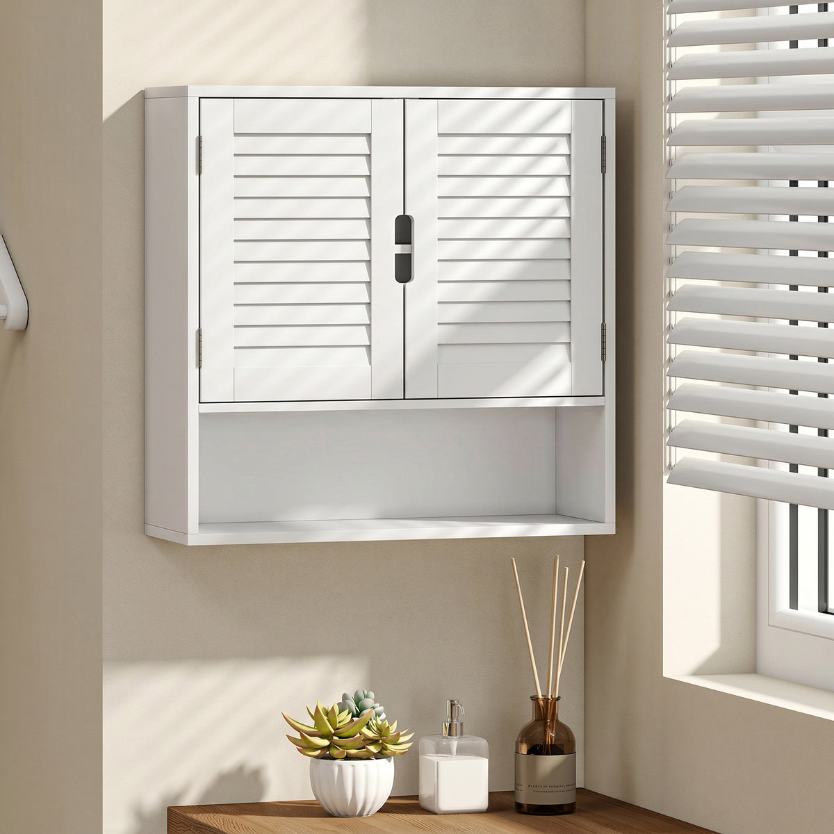 Armoire murale de salle de bain avec porte à lattes, étagère réglable et compartiment ouvert, 60x20x60cm, blanc-1