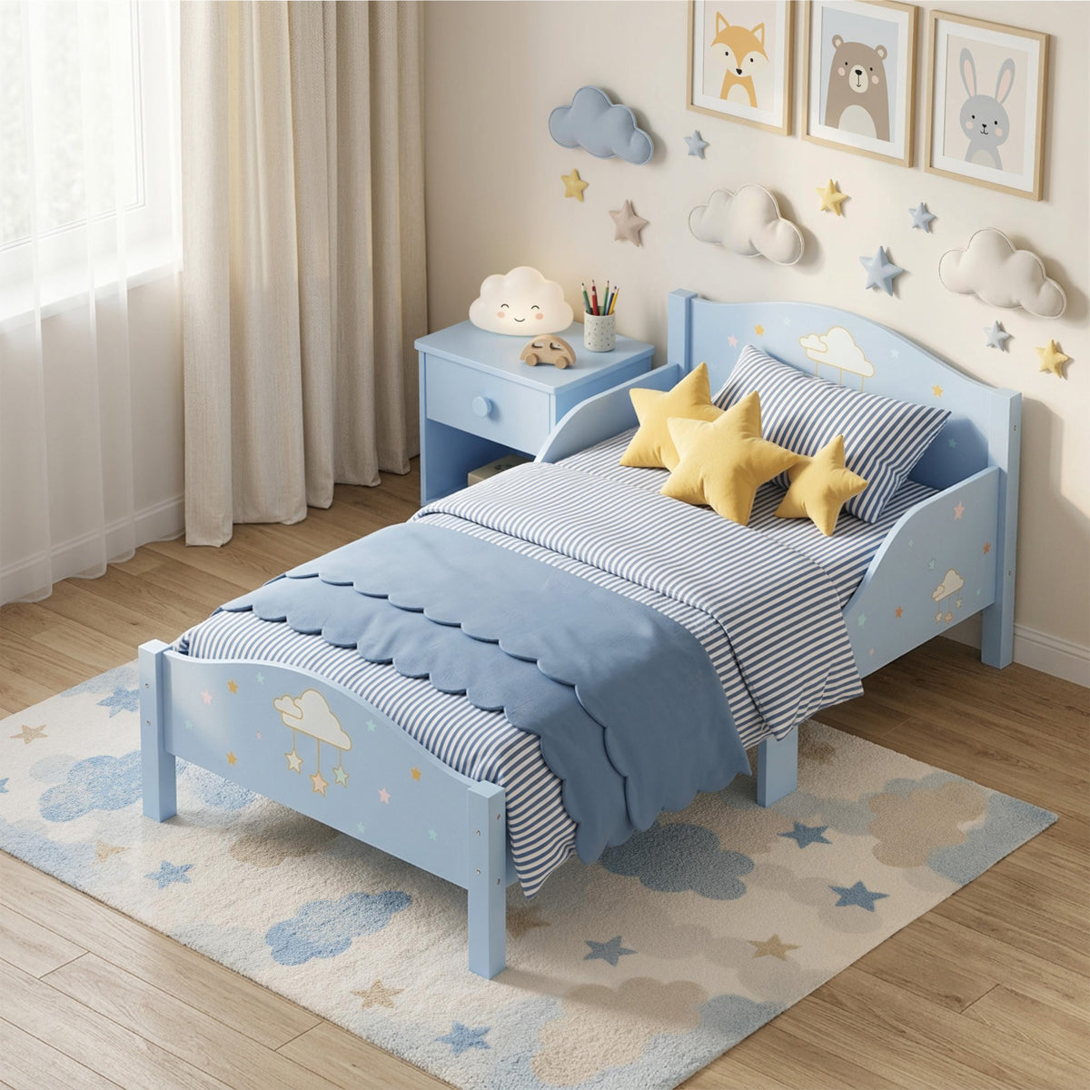 Lit Enfant 70 x 140 cm, Lit pour Enfant avec Barrière de Sécurité et Sommier à Lattes en Bois, Motif Nuage, Bleu-9