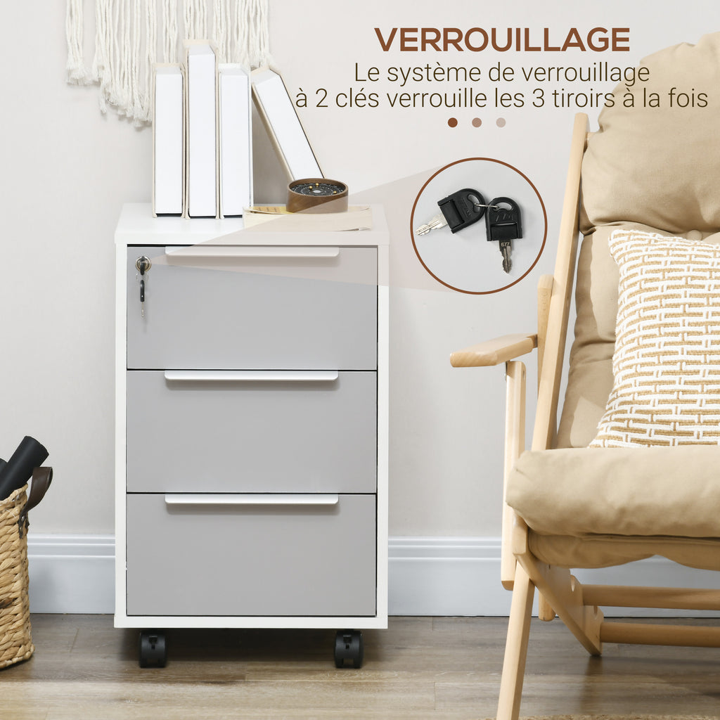 Caisson de bureau à roulettes avec 3 tiroirs et serrure pour dossiers 40 x 40 x 63,5 cm blanc et gris-7