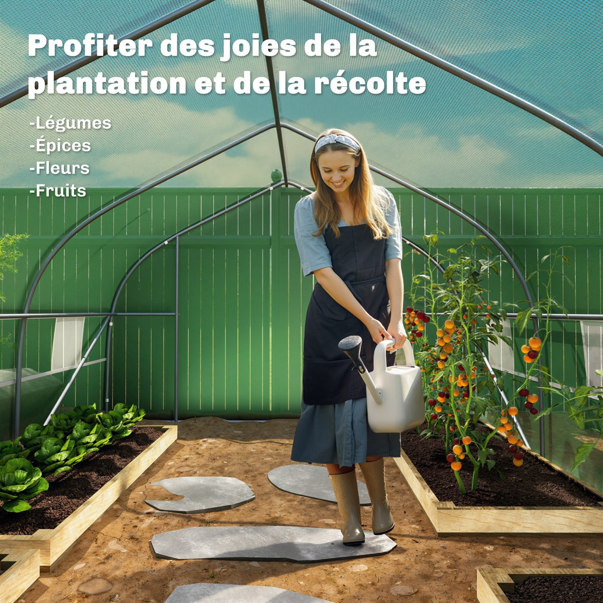 Serre de jardin tunnel grande taille avec bâche PE cadre en acier porte enroulable et 12 fenêtres 8 x 3 x 2 m vert-6