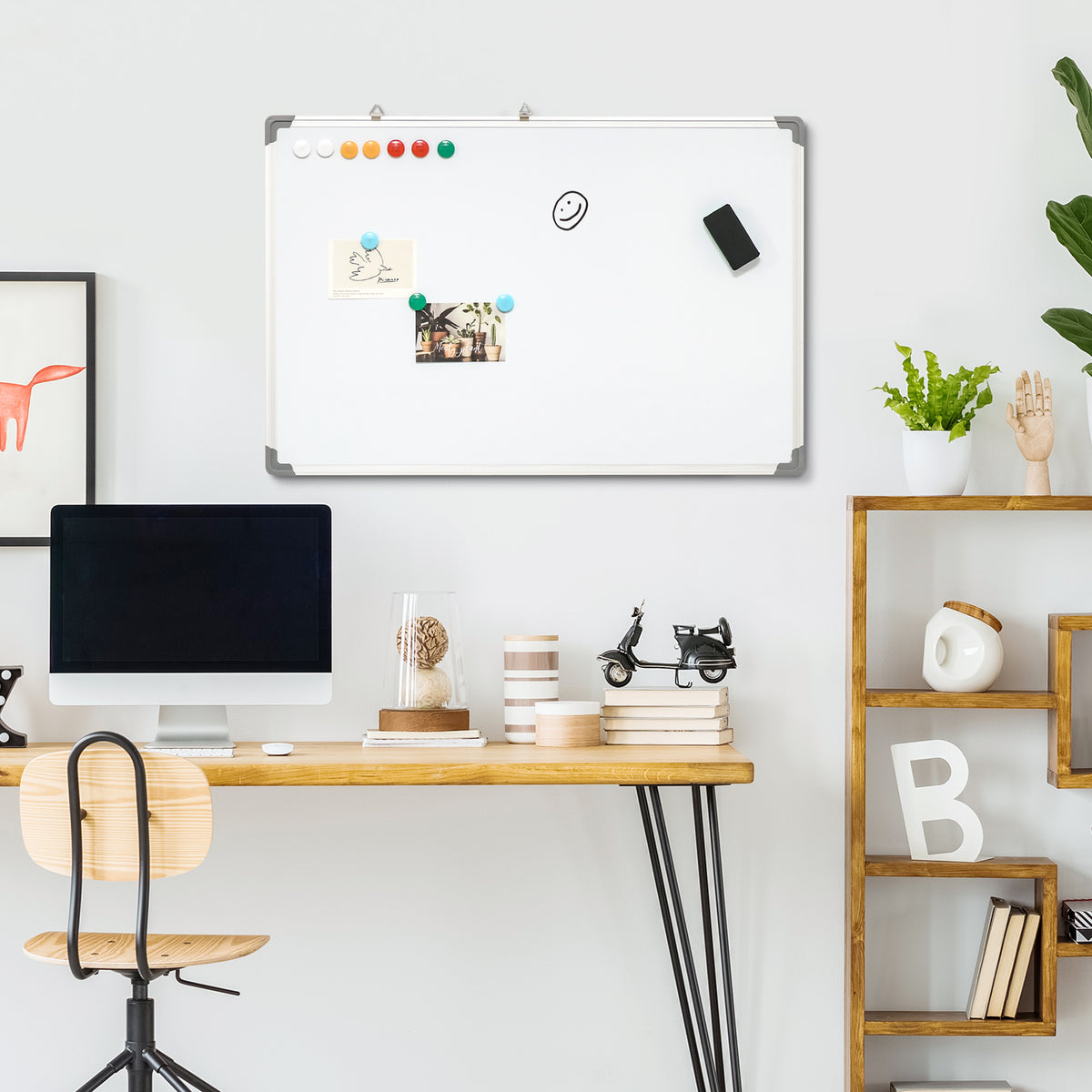 Tableau blanc magnétique cadre aluminium 90 x 60 cm avec feutres, effaceur et aimants-1