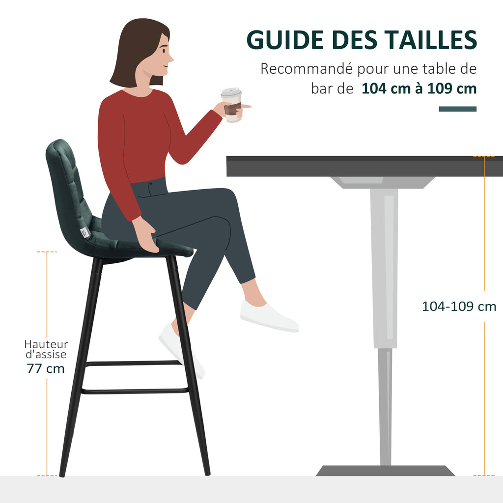 Lot de 2 tabourets de bar design surface en velours capitonné et pieds en acier hauteur 77 cm vert foncé-6
