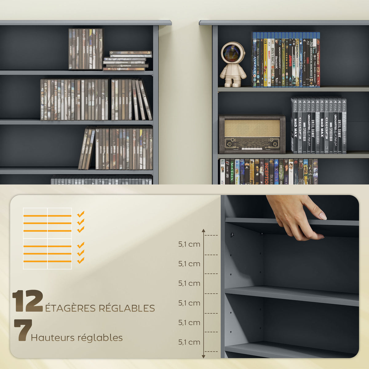Rangements pour CD et DVD avec 16 compartiments et 12 étagères réglables capacité max. 720 CD/396 DVD et Blu-ray gris-4