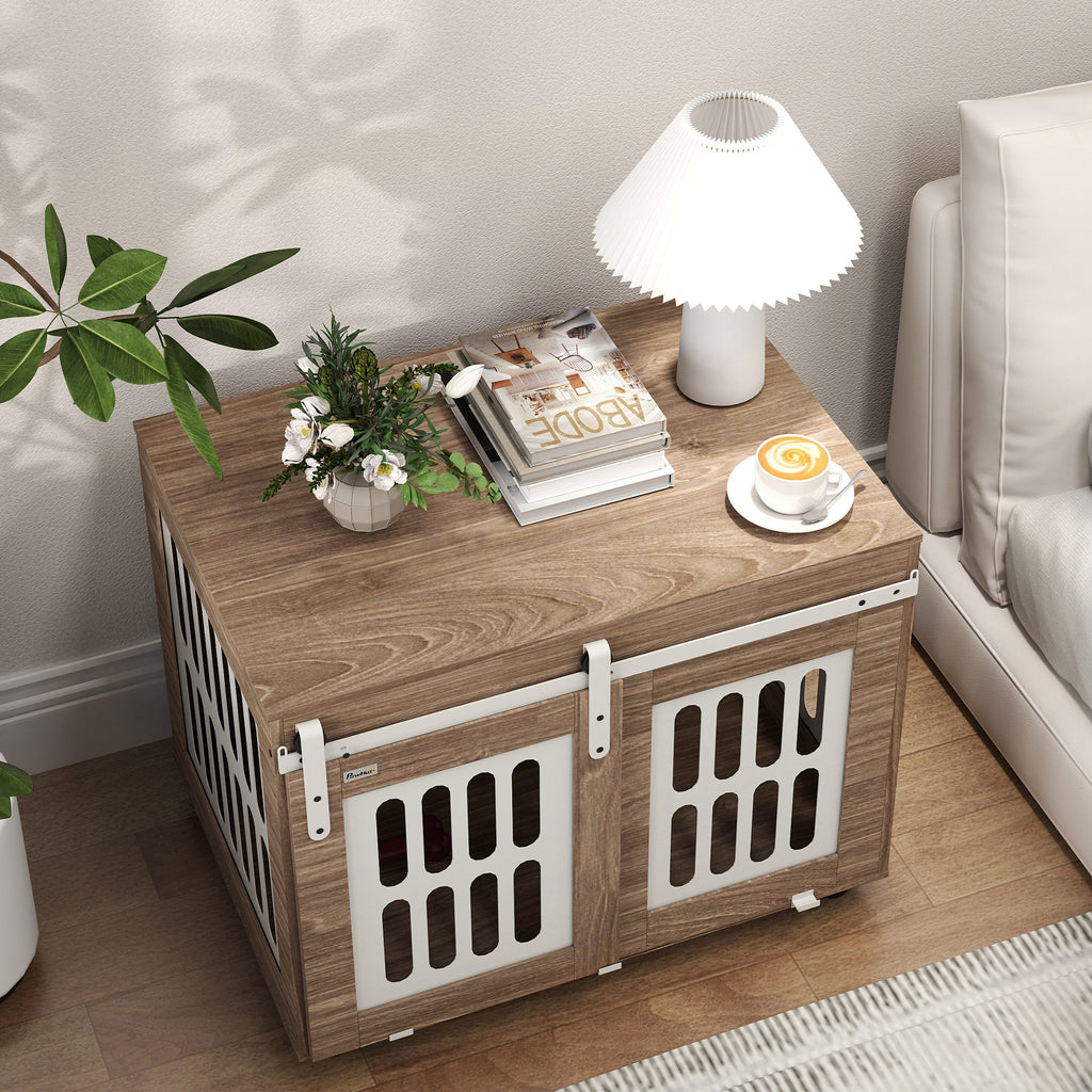Meuble cage pour chien avec porte coulissante, maison pour chien de moyenne, table d'appoint, 80 x 59 x 63 cm, noyer-8