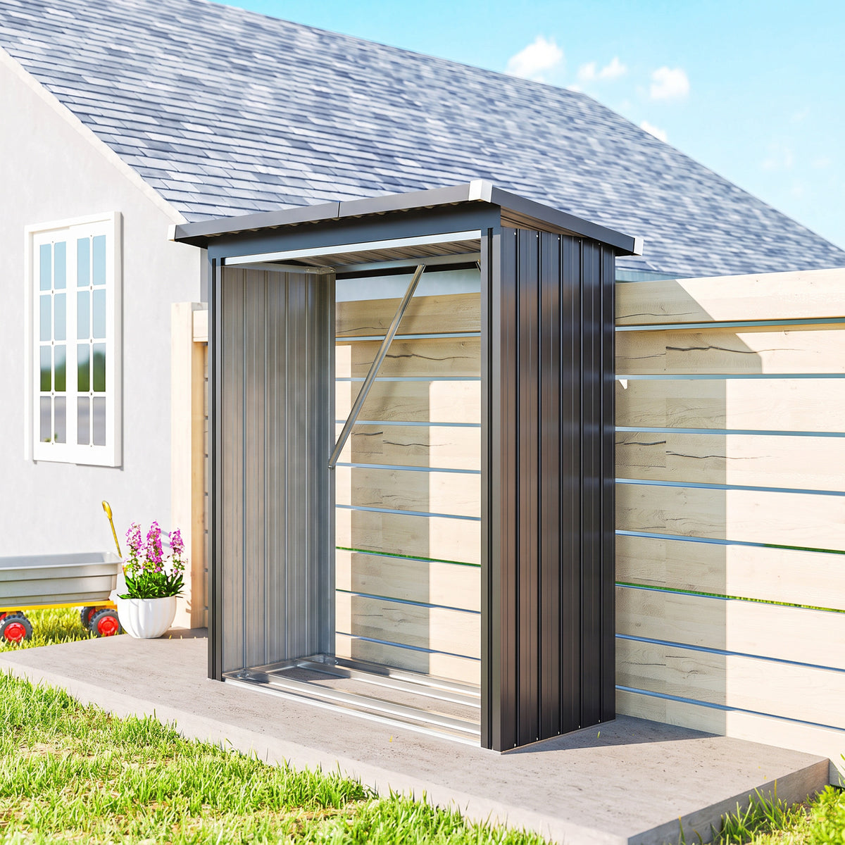 Abri-bûches couvert support pour bois de chauffage plancher surélevé toit incliné, acier galvanisé 150x66,5x150cm gris-1