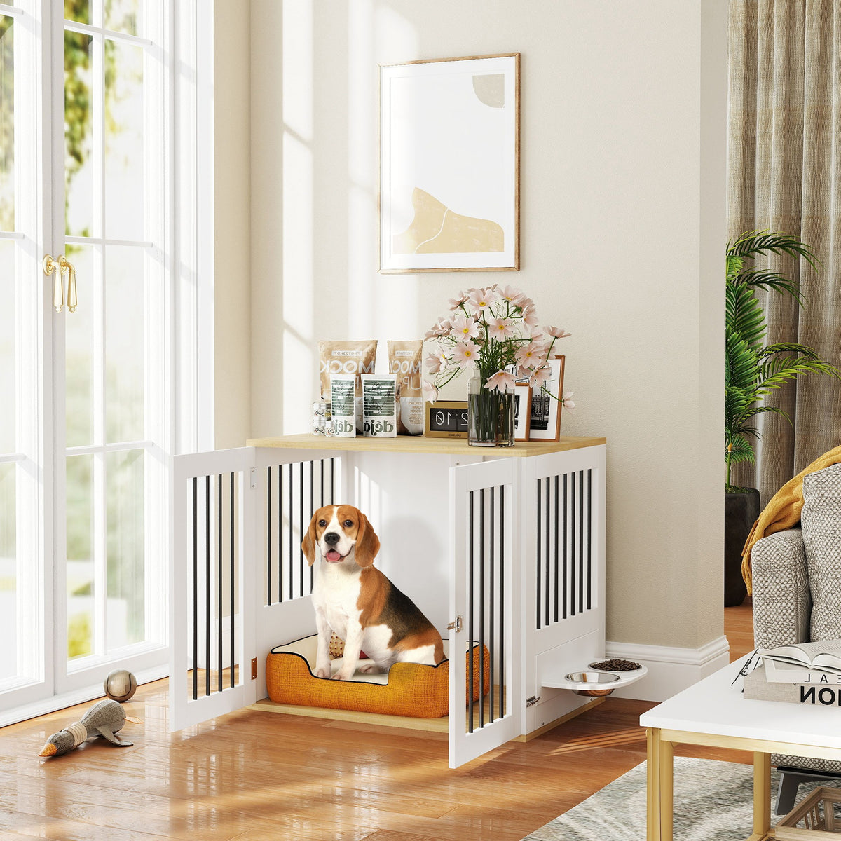 Cage pour chiens, table d'appoint, gamelles amovibles rotatives à 360° 2 portes pour chien moyenne 80x55x71,5cm blanc-1