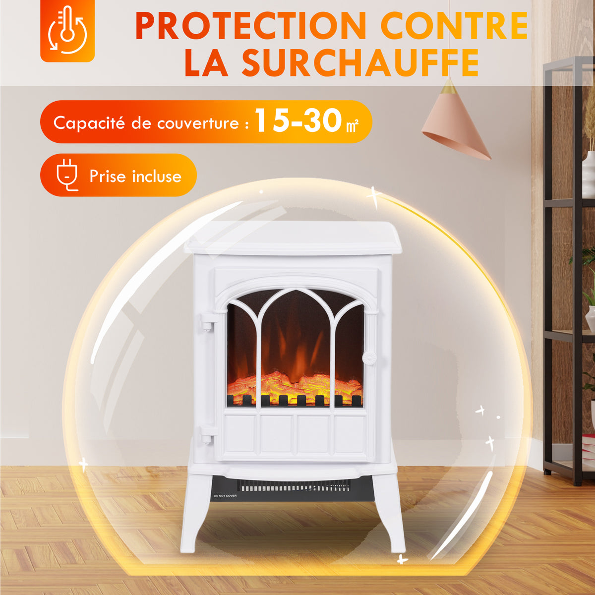 Cheminée électrique sur pied 1000/2000 W, fausse cheminée décorative avec effet flamme LED, blanc-5