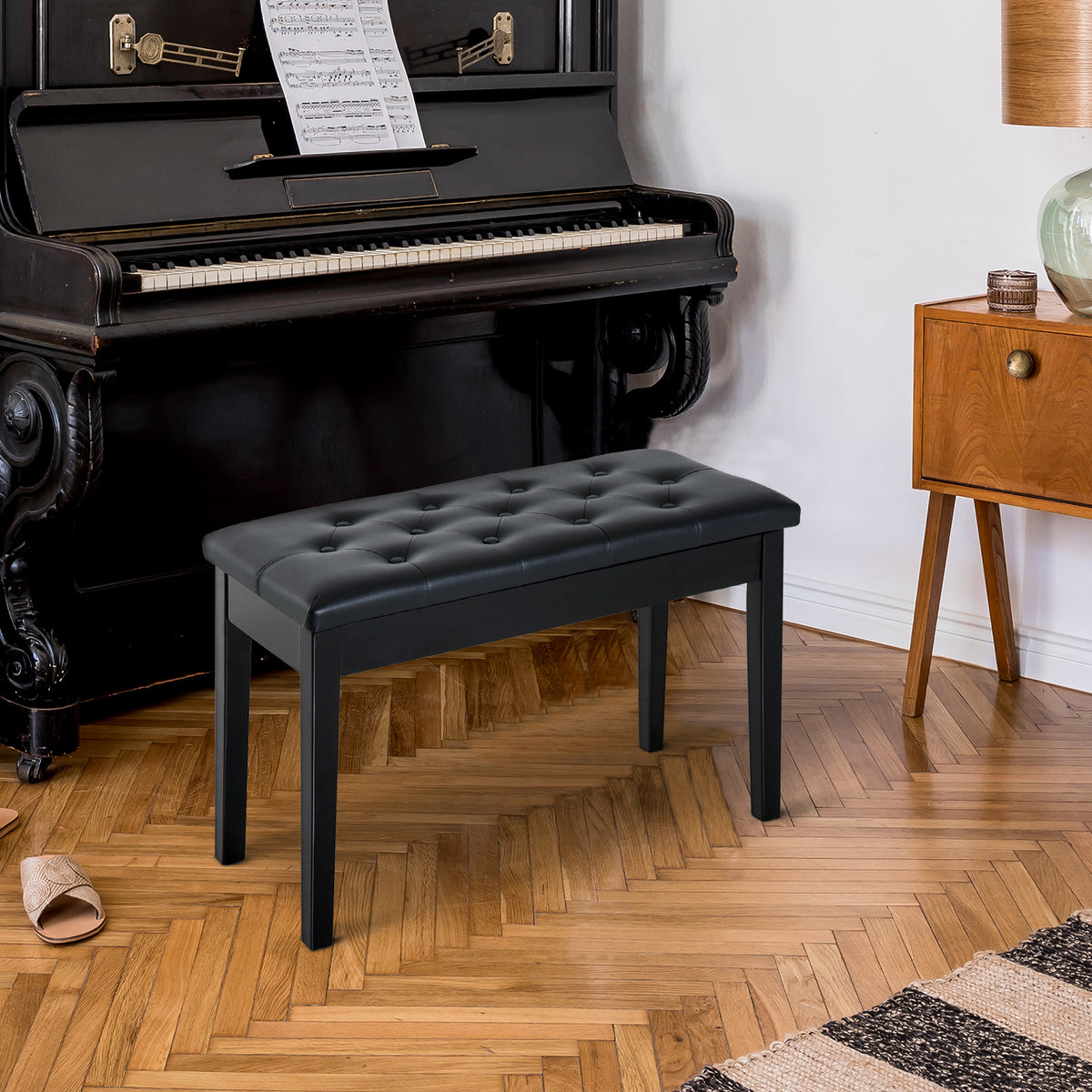 Banquette tabouret siège pour piano avec coffre de rangement pied bois caoutchouc assise capitonnée noir-9