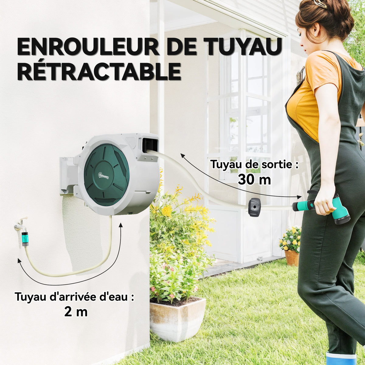 Enrouleur Tuyau Arrosage Mural 30 m x Ø 15 mm Dévidoir Automatique de Tuyaux d'Eau Rétractable Automatique gris-3
