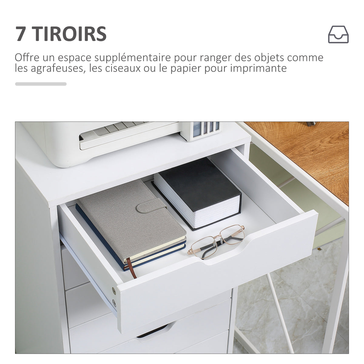 Caisson de bureau à roulette meuble rangement bureau avec 7 tiroirs organisateur pour documents, format A4 ou lettres-4