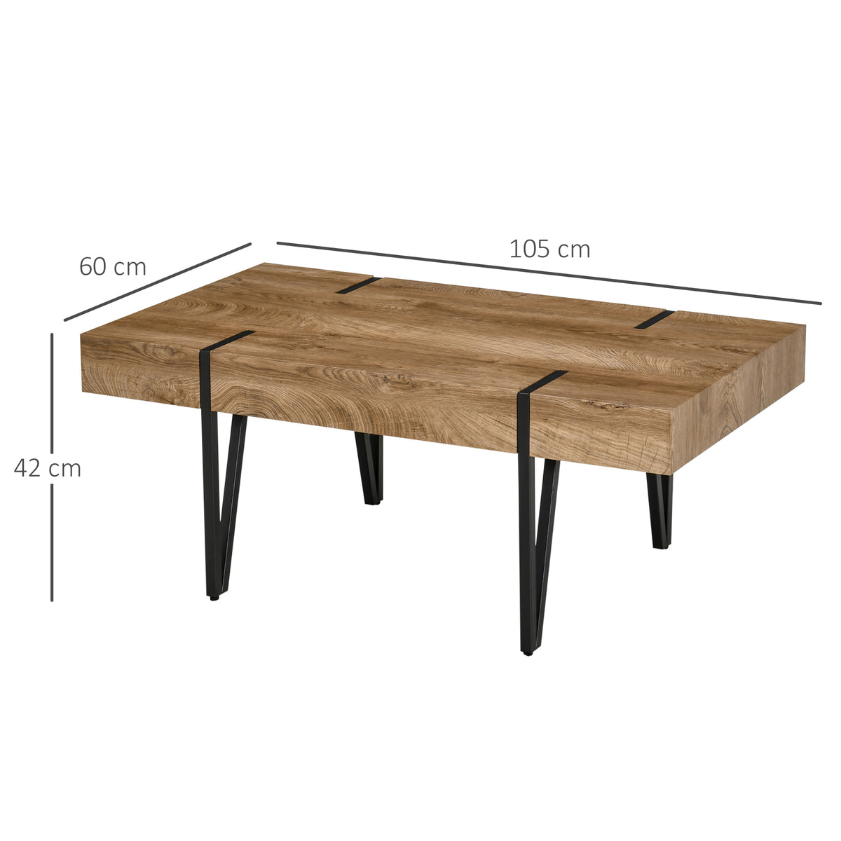 Table Basse rectangulaire Style Industriel piètement épingle métal Noir Plateau Aspect Ancien bastaing, 105 x 60 x 42 cm, Bois-2