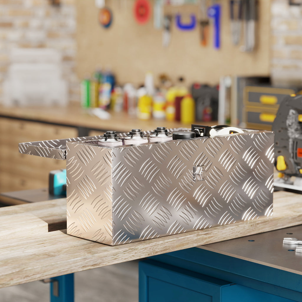 Boîte de rangement - boîte à outils en aluminium - caisse à outil alu. verrouillage clé dim. 50L x 15,5l x 20,5H cm - argent-8