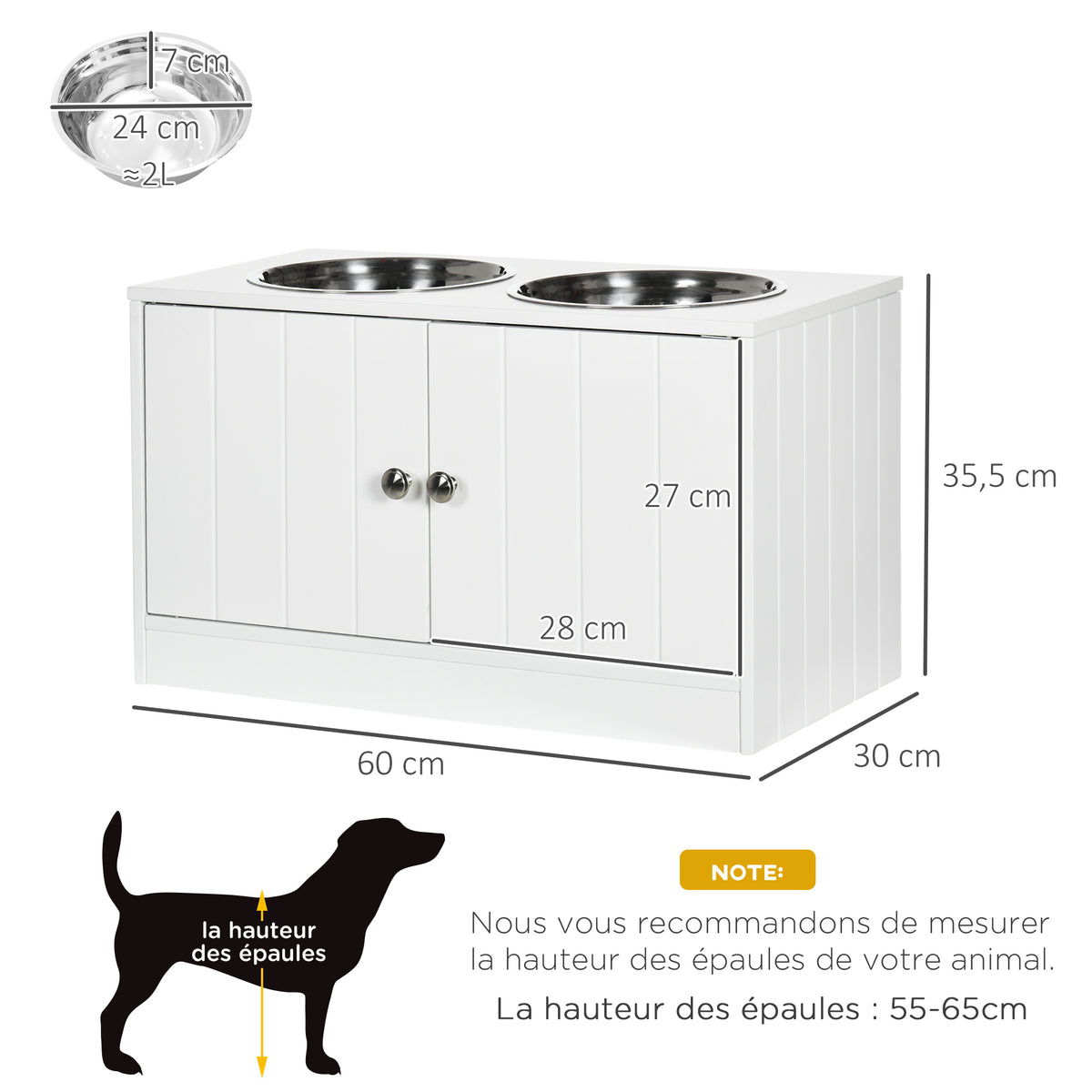 Gamelles Chiens Surélevées Gamelle Double Chien Chat Porte-Gamelles 60 x 30 x 35,5 cm 2 Gamelles 2L Acier Inox-2