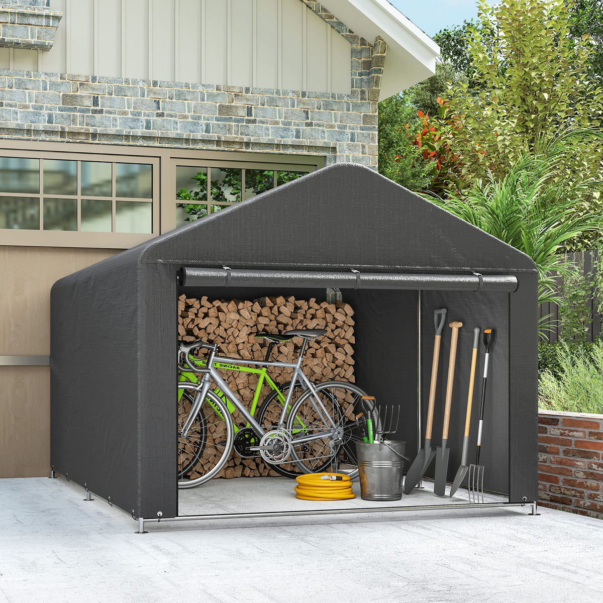 Abri de jardin tente de stockage imperméable abri moto porte enroulable fermeture éclair, 200 x 238 x 183 cm, gris foncé-6
