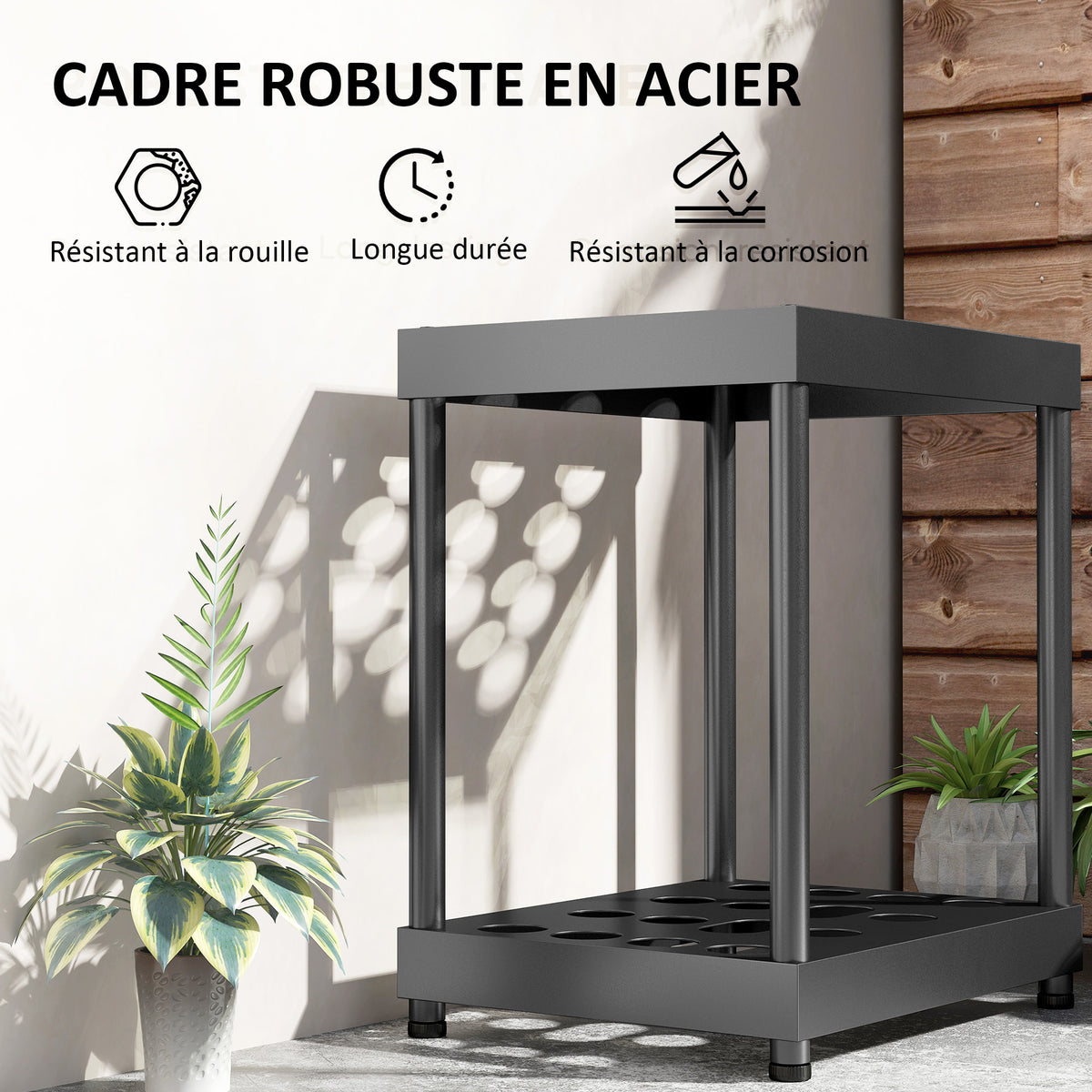 Organisateur d'outils de jardin, support à outils de jardin 16 compartiments à 2 niveaux 42 x 33 x 50 cm noir-4