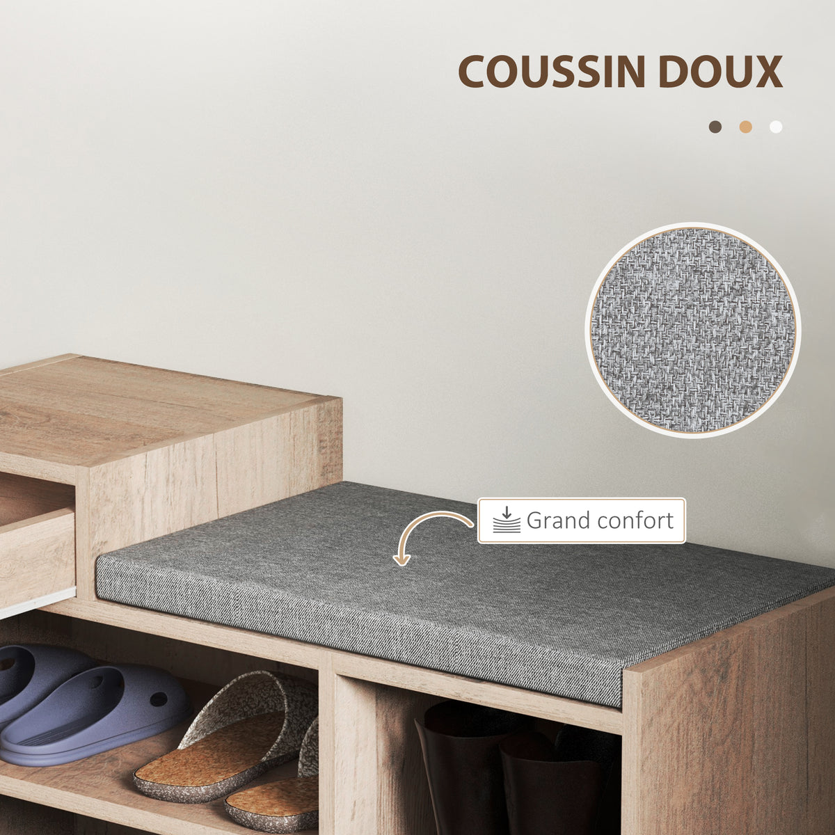 Banc à chaussures 1 tiroir et 3 compartiments, avec coussin rembourrée capacité 5 paires, 76,5 x 30 x 52 cm gris-5