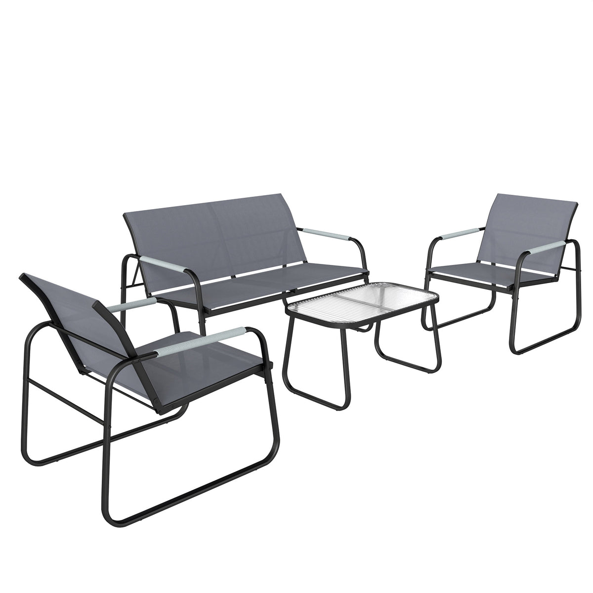 Salon de Jardin Ensemble de Terrasse en Acier et Textilène 4 Pièces avec Accoudoirs Corde Tressée Gris-0