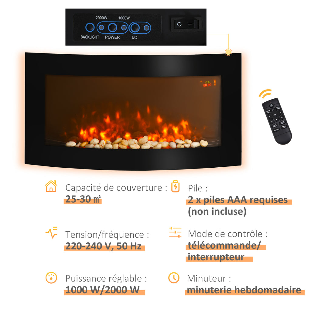 Cheminée électrique Murale éclairages latéraux LED Design Avant-gardiste Affichage LED avec télécommande et minuterie 1000/2000 W luminosité réglable Noir-4