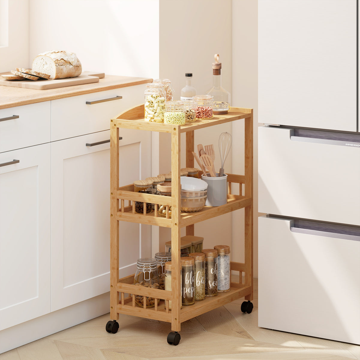 Chariot de cuisine à 3 niveaux, desserte à roulettes en bambou pour chambre, salon, bureau, 53x30,5x83cm, bois naturel-1