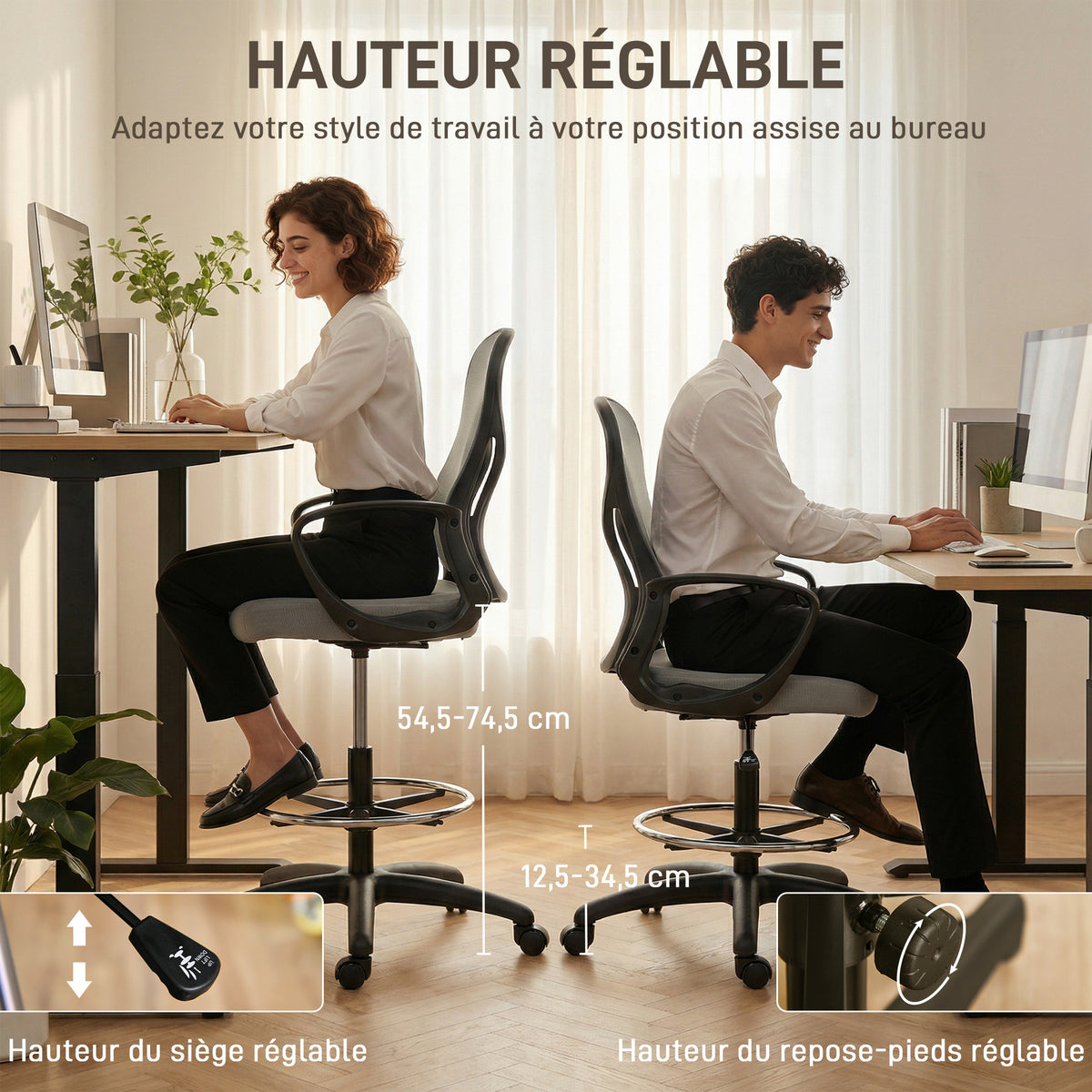 Chaise bureau ergonomique, fauteuil de bureau avec repose-pieds et accoudoirs, en maille, 59 x 65 x 123 cm, Gris-3