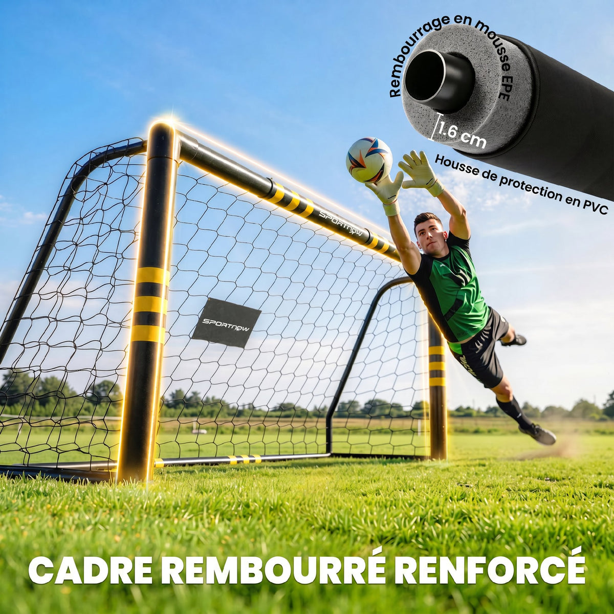 But de Football avec Mousse de Protection, 5 Piquets de Sol et Filet en PE, 180x60x120cm, Jaune-4
