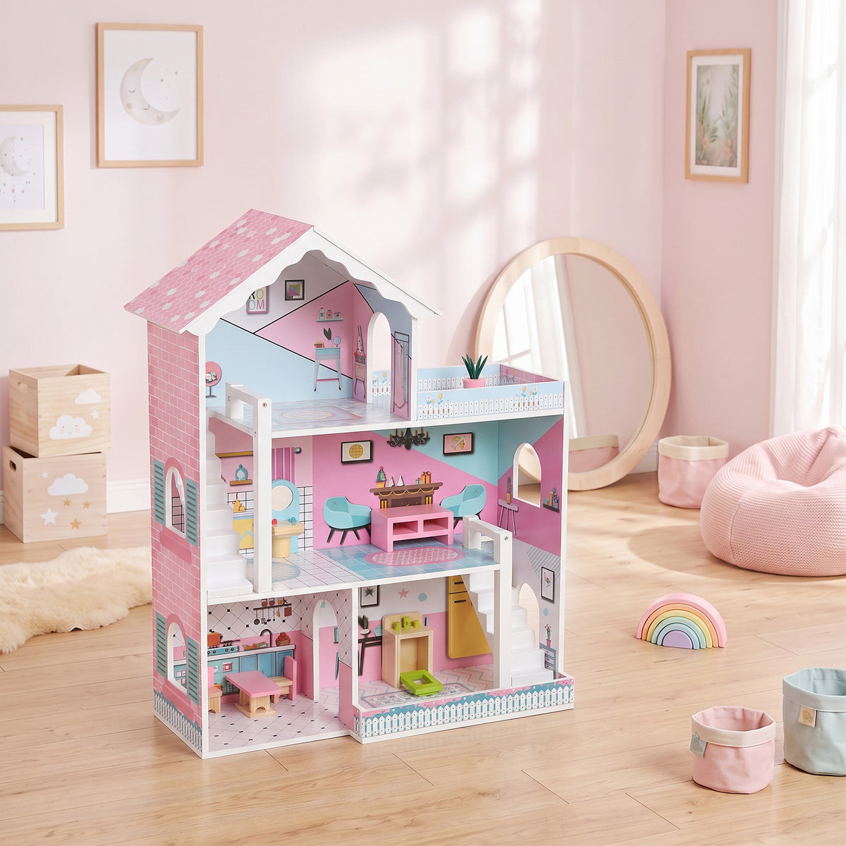 Maison de Poupée en Bois pour Enfants, Maison de Rêve Filles à 3 Étages avec Balcon, Escaliers et 10 Accessoires, Rose-1